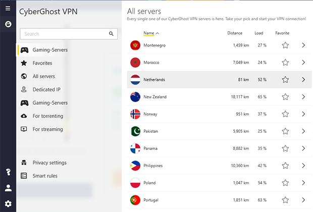 CyberGhost VPN服务器列表